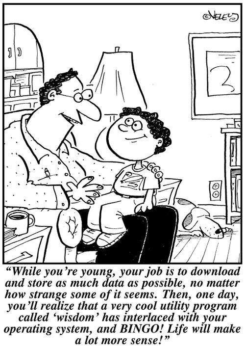 'While you're young, your job is to download and store as much data as possible...one day, you'll realize that a very cool utility program called 'wisdom' has interlaces with your operating system...'