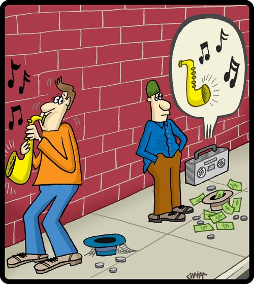 Street musician can't compete with modern CD players.