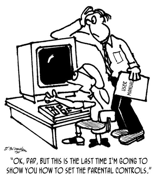 'OK, dad, but this is the last time I'm going to show you how to set the parental controls.'