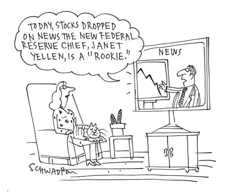 "Today, stocks dropped on news the new federal reserve chief, Janet Yellen, is a 'rookie'."