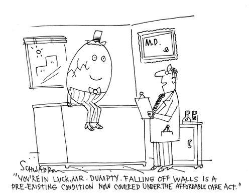 'You're in luck, Mr. Dumpty. Falling off walls is a pre-existing condition now covered under the affordable care act.'