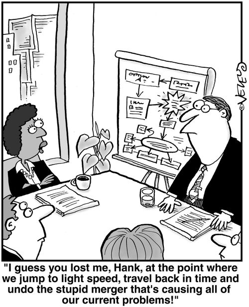 'I guess you lost me, Hank, at the point where we jump to light speed, travel back in time and undo the stupid merger that's causing all of our current problems!'