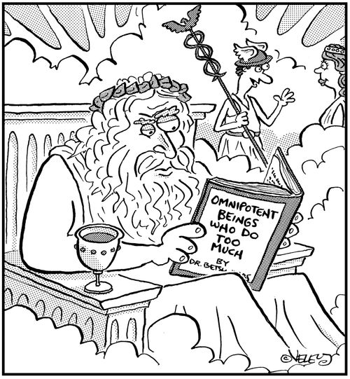 Zeus reading book titled 'Omnipotent Beings Who Do Too Much.'