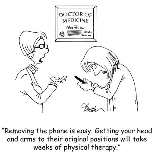 'Removing the phone is easy. Getting your head and arms to their original positions will take weeks of physical therapy.'