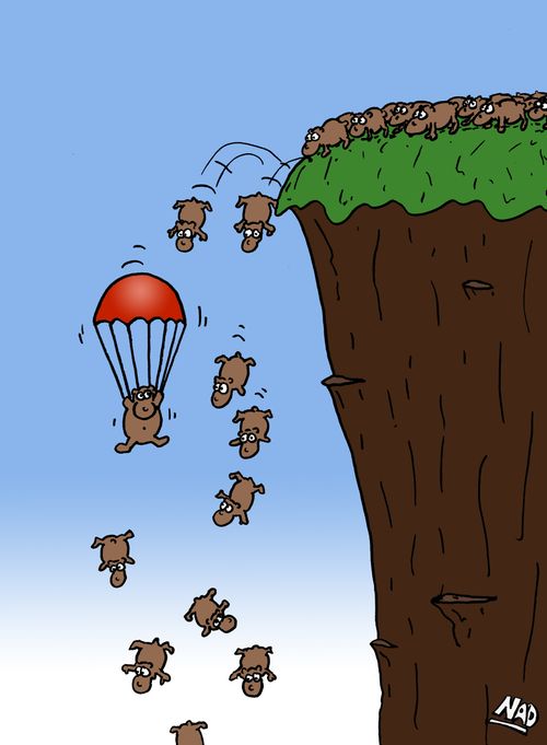 Lemmings jumping off a cliff and one has a parachute.