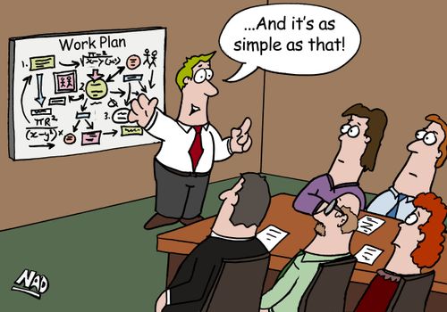 A presenter with a very complex chart to explain a business plan - 'And it's as simple as that!'