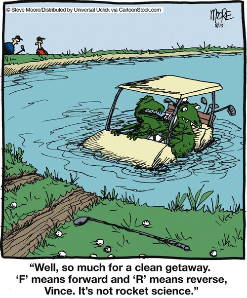 'Well, so much for the clean getaway. 'F' means forward and 'R' means reverse, Vince...'