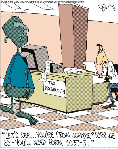 'Let's see ... you're from Jupiter? Here we go - you'll need form 1037-j.'
