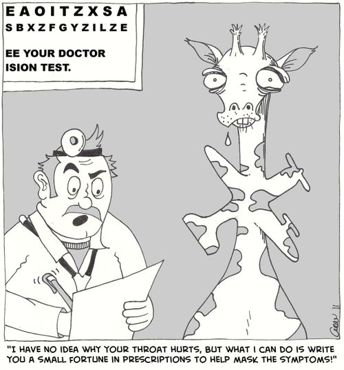 'I have no idea why your throat hurts, but what I can do is write you a small fortune in prescriptions to help mask the symptoms.'