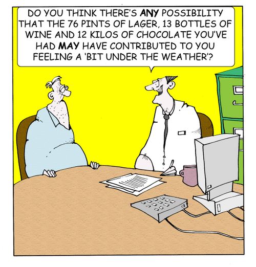 "Do you think there's ANY possibility that the 76 pints of lager,13 bottles of wine and 12 kilos of chocolate you've had MAY have contributed to you feeling 'a bit under the weather'?"