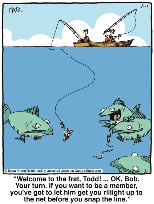 'Welcome to the frat, Todd! OK, Bob. Your turn. If you want to be a member, you've got to let him get you riiiight up to the net before you snap the line.'
