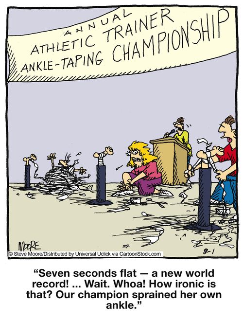 'Seven seconds flat - a new world record! ... Wait. Whoa! How ironic is that? Our champion sprained her own ankle.'