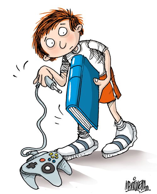 Kid tries to plug in a book.