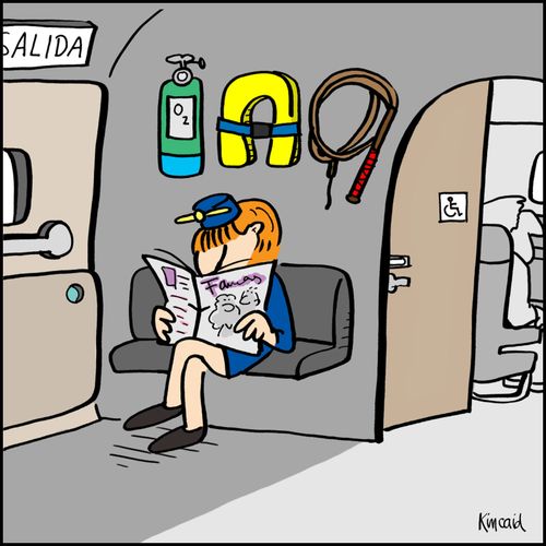 A flight attendant reads a magazine on the jump seat and there is a bullwhip above her head. 