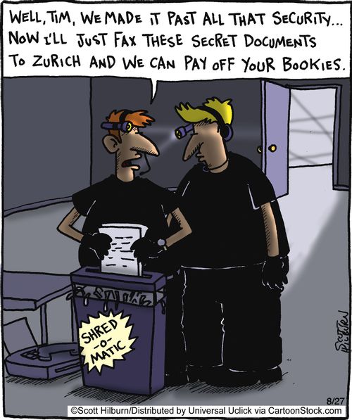 'Well, Time, we made it past all that security,,, Now I'll just fax these secret documents to Zurich and we can pay off your bookies,'