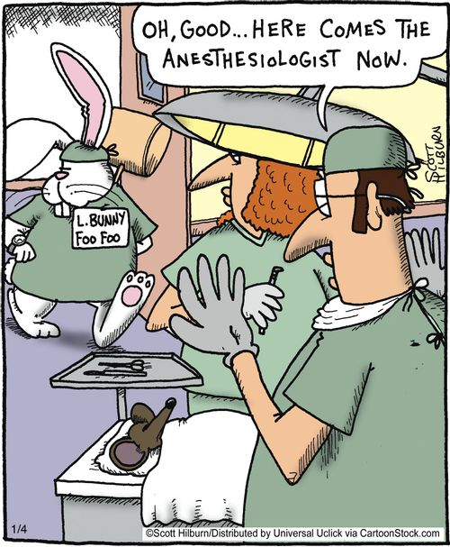 'Oh good... Here comes the anesthesiologist now.'