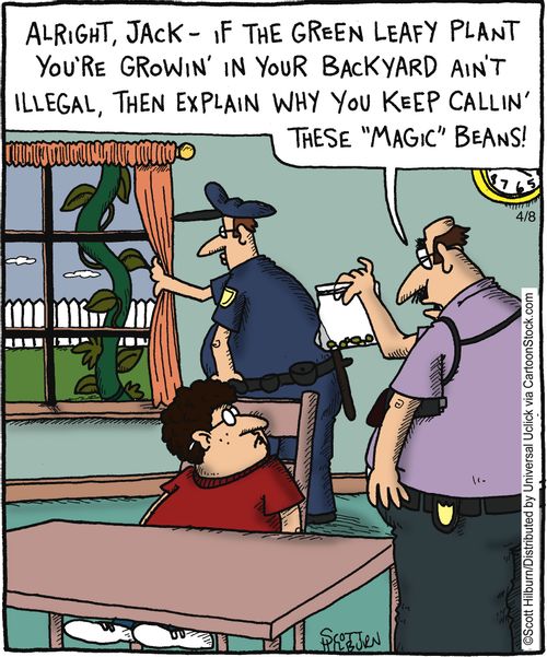 "Alright , Jack - if the green leafy plant you're growin' in your backyard ain't illegal, then explain why you keep callin' these 'magic' beans"