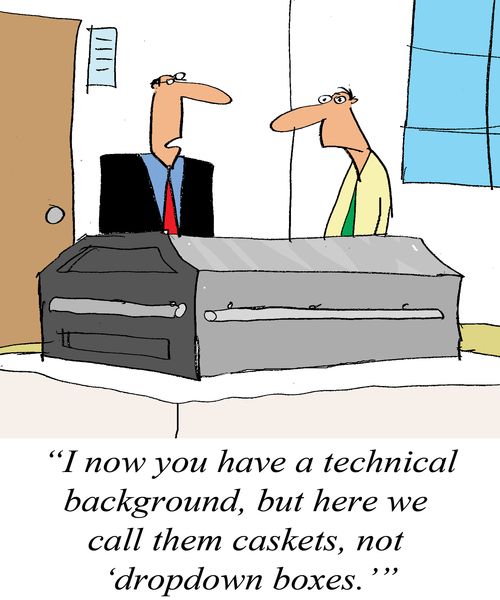 'I know you have a technical background, but here we call them caskets, not 'dropdown boxes.'