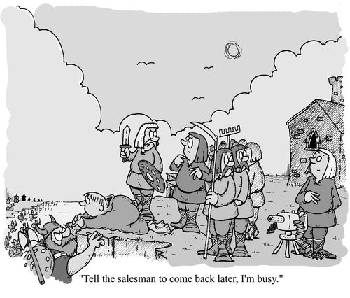 'Tell the salesman to come back later, I'm busy.' (black and white).