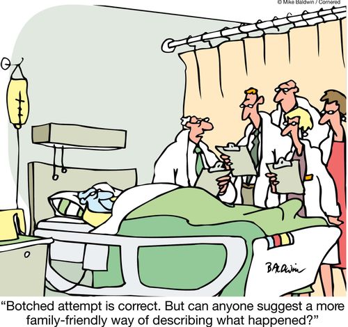 'Botched attempt is correct. But can anyone suggest a more family-friendly way of describing what happened?'