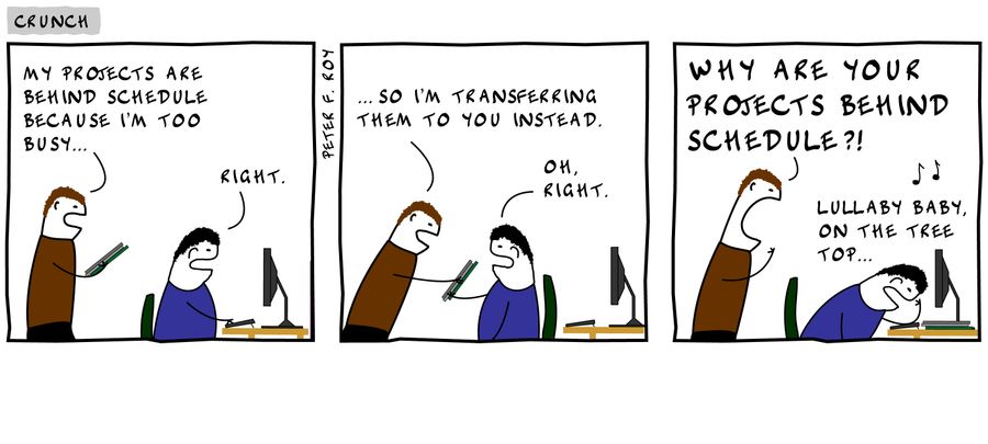 'My projects are behind schedule because I'm too busy. . . so I'm transferring them to you instead. . . Why are your projects behind schedule?!' 