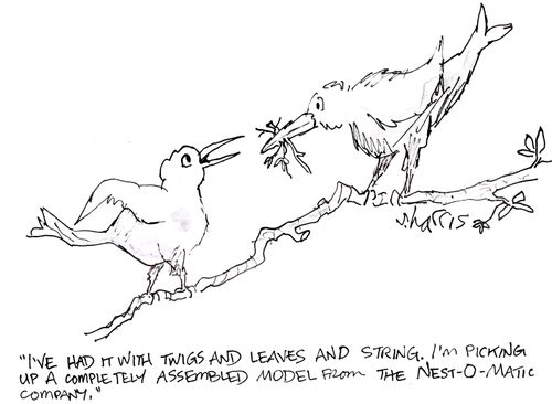 'I've had it with twigs and leaves and string. I'm picking up a completely assembled model from the Nest-O-Matic company.'