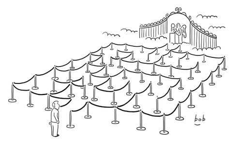 Guy at the gates of heaven but has to go through a maze to get there