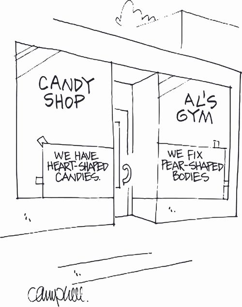 Candy Shop and Al's Gym:'We have heart-shaped candies' - 'We fix pear-shaped bodies'. 