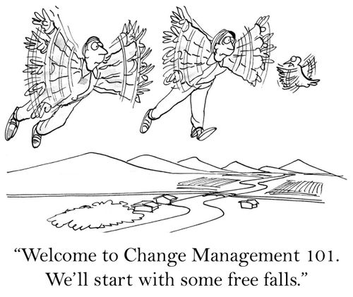 'Welcome to Change Management 101. We'll start with some free falls.'
