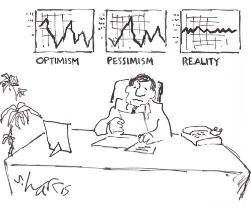 Market Analyst with Graphs Labelled: 'Optimism, Pessimism, and Reality.'