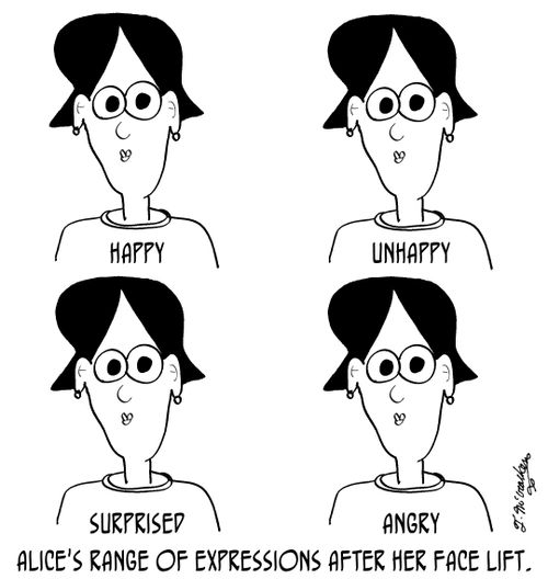 Alice's range of expressions after her face lift.
