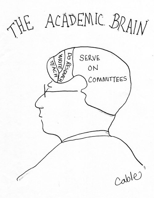 The Academic Brain, showing parts: teach, write, do research, and (the largest part) serve on committees.
