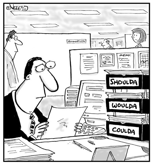 Desk bins: Shoulda, Woulda, Coulda.