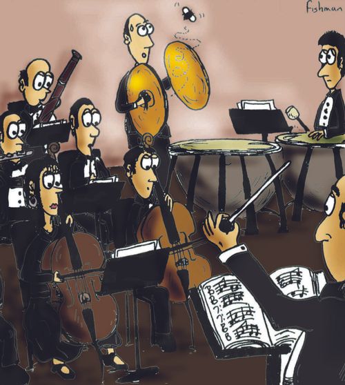 An orchestra cymbalist is tempted by a fly. 