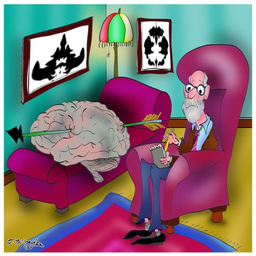 Giant brain with an arrow through it sits on Freud's psychiatric couch.