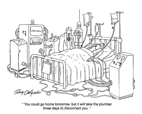 'You could go home tomorrow, but it will take the plumber three days to disconnect you.'