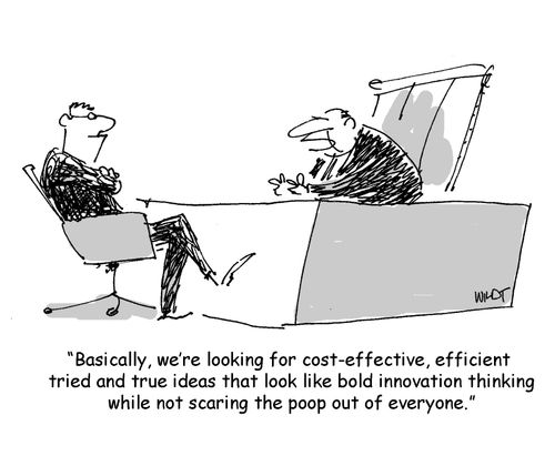 'Basically, we're looking for cost-effective, efficient  tried and true ideas that look like bold innovation thinking while not scaring the poop out of everyone.'