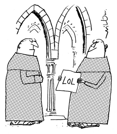 Silent Monk Holding Placard Saying LOL.