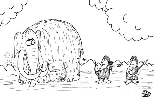 A caveman with a bow and arrow shoots at a cranky mammoth but points at his friend who is holding a spear.