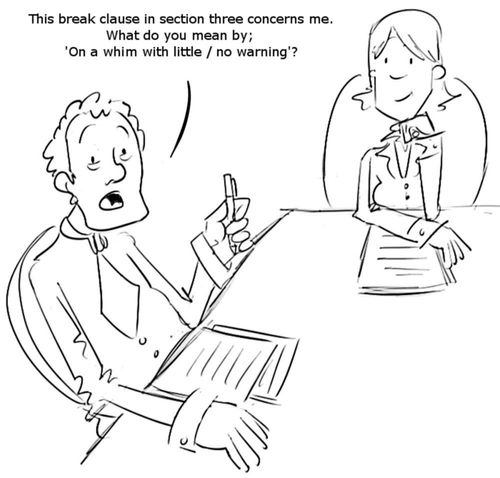 'The break clause in section three concerns me. What do you mean by 'On a whim with little/no warning'?'