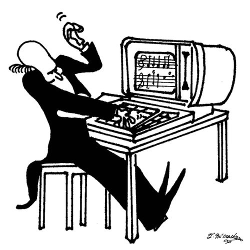 Musician playing the piano on a computer.