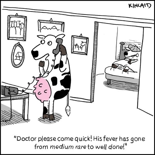 'Doctor please come quick! His fever has gone from medium rare to well done!'