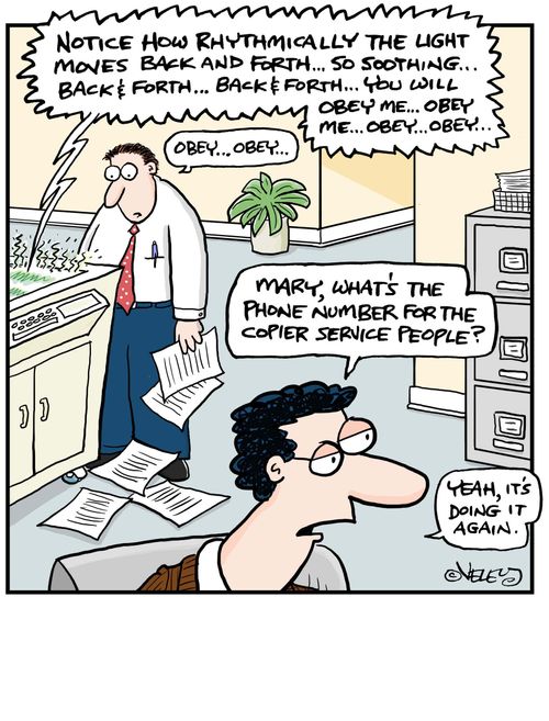 Copier is hypnotizing office worker.