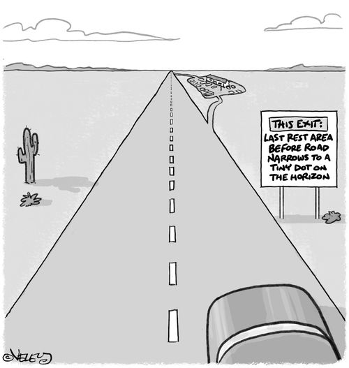 Road sign: 'This exit, last rest area before road narrows to a tiny dot on the horizon.'