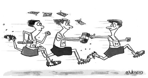 Relay racers passing money instead of baton.