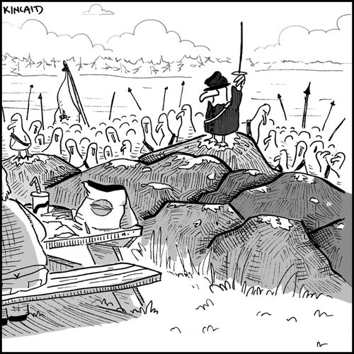 Scene of seagull troops about to charge a picnic. 