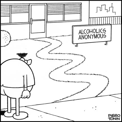 Wiggly path leads to 'Alcoholics Anonymous' entrance.