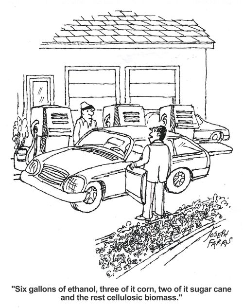 'Six gallons of ethanol, three of it corn, two of it sugar cane and the rest cellulosic biomass.'
