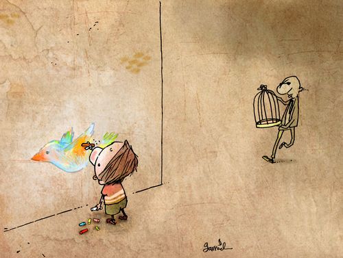 Girl paint a free bird on the wall while man approaches with a cage.