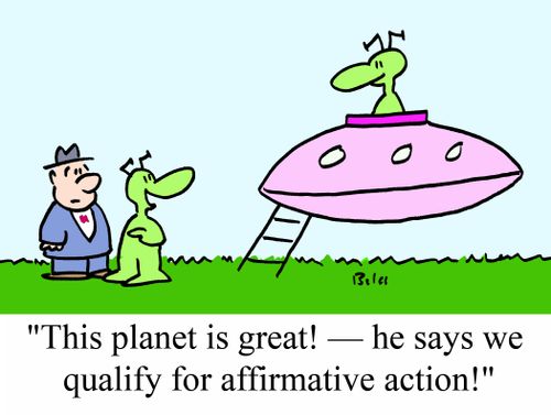 'This planet is great! - He says we qualify for affirmative action!'